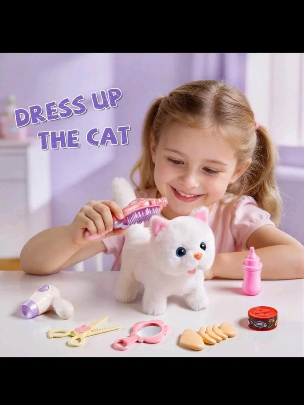 Plush White Kitten Playset with Mauve Purple Carrier - Pet Roleplay Set